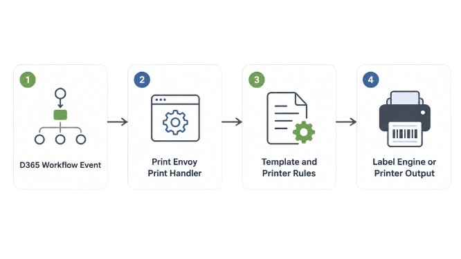 Four-step workflow: D365 Workflow Event → Print Envoy Print Handler → Template and Printer Rules → Label Engine or Printer Output.