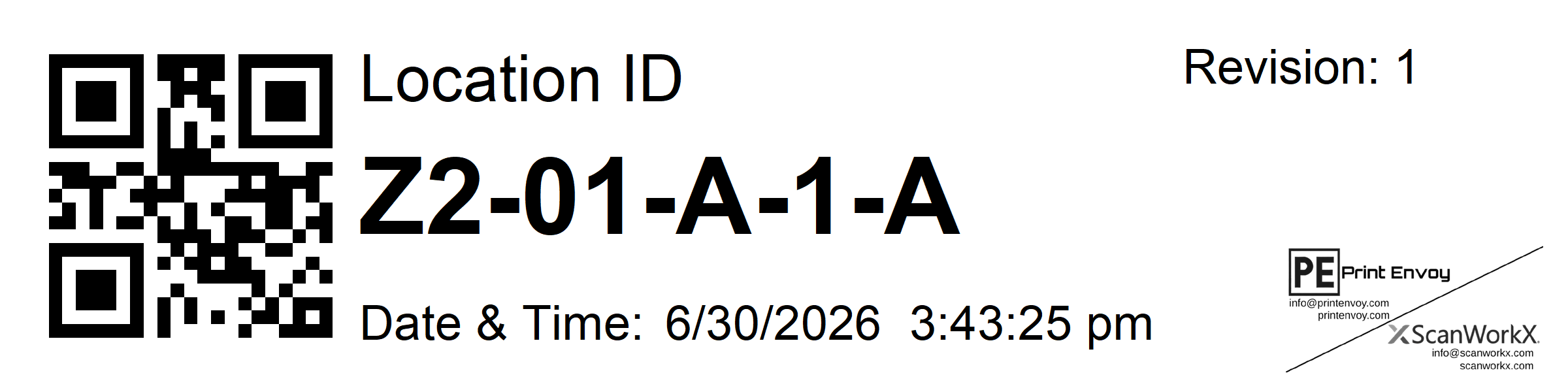 4x1 BarTender warehouse location label template with QR code, location ID, revision, and date time fields