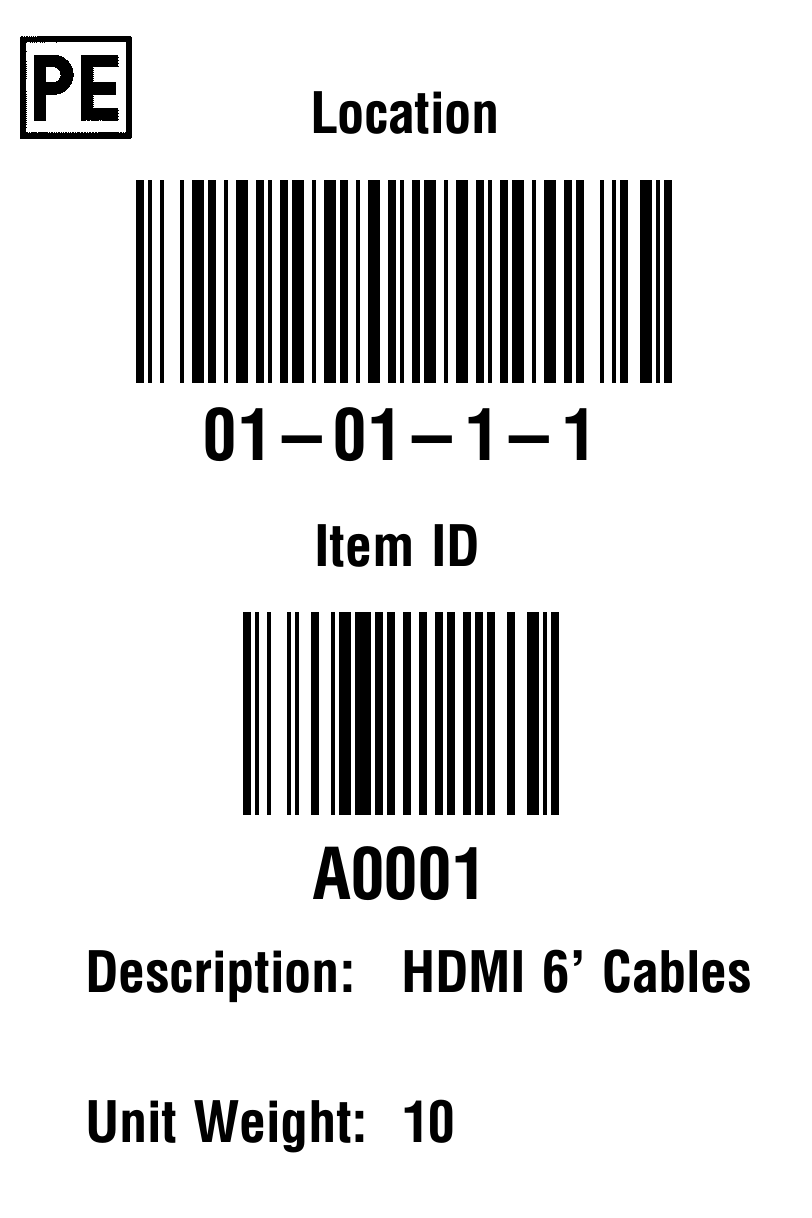 EPP 4 by 6 inventory label template showing location, item ID, description, unit weight, and barcodes