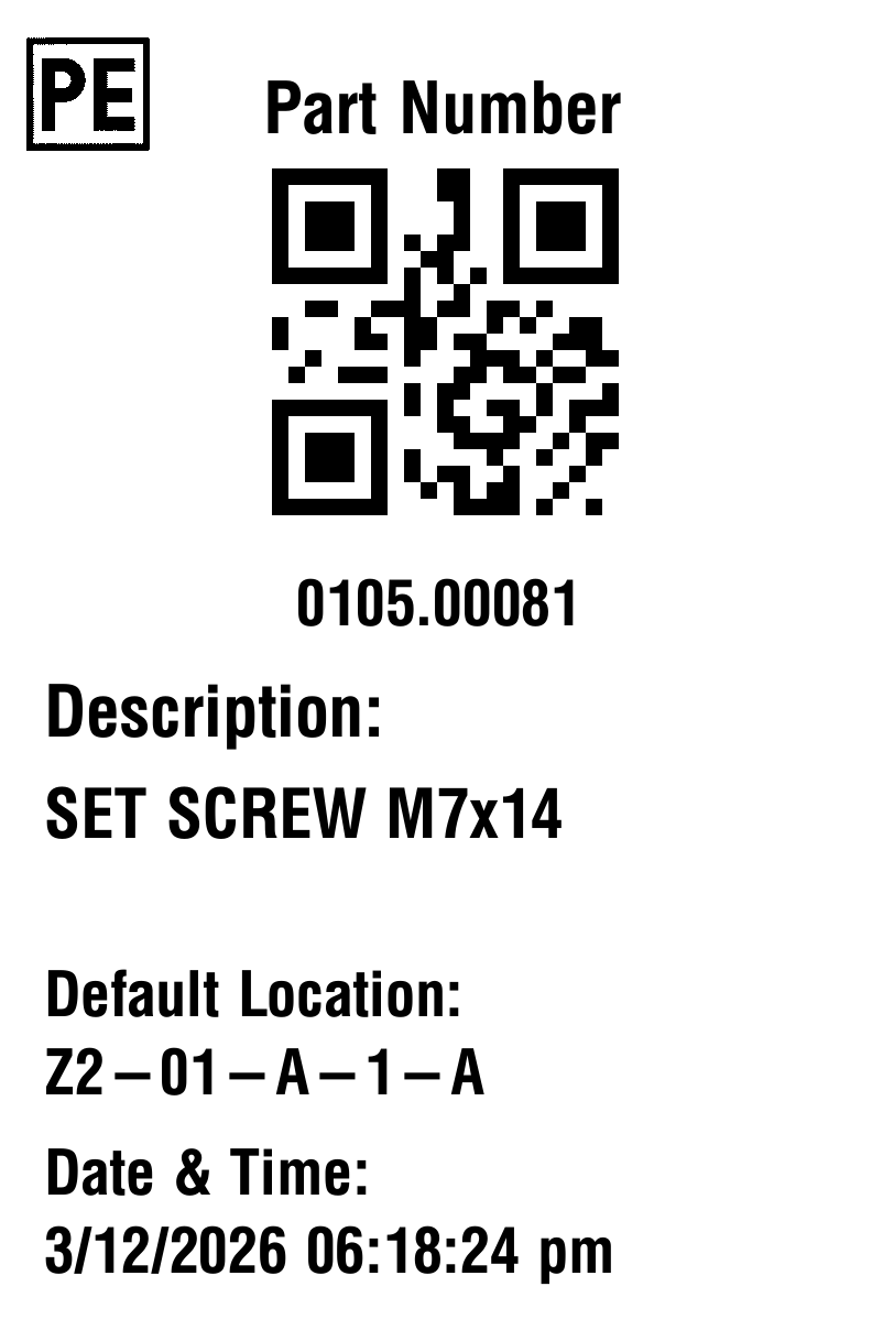 4 by 6 inventory label receipt template showing part number, QR code, description, default location, and date and time