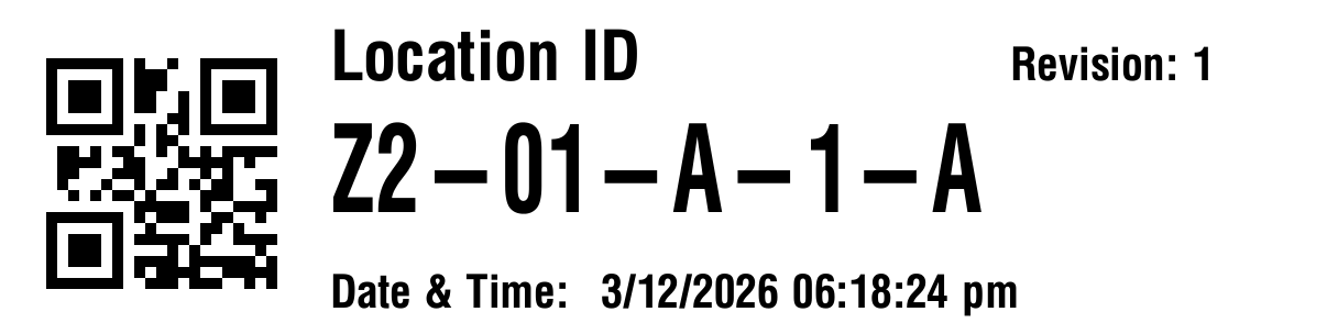 4 by 1 location label template showing location ID, QR code, revision, and date and time